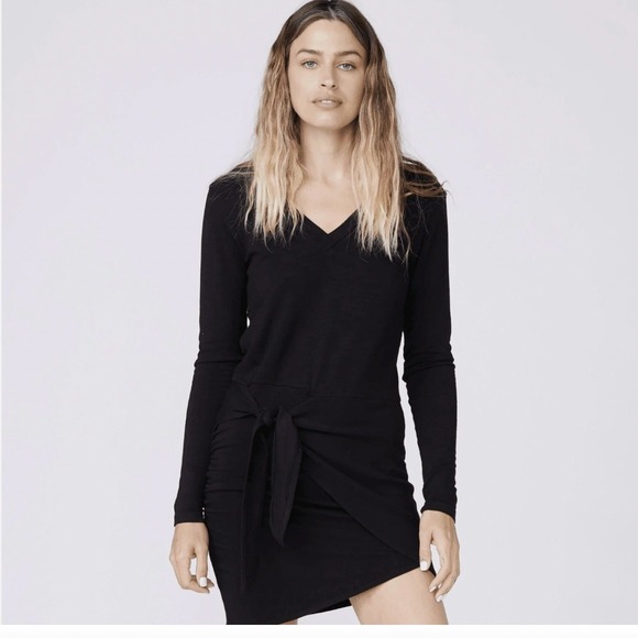 Monrow Dresses & Skirts - MONROW Supersoft Black V Neck Long Sleeve Tie Waist Ruched Mini Dress Small